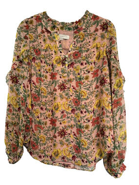 Loft Floral Blouse Sheer Sleeve Women's Size M Lined Cottagecore Garden Office